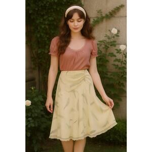 Studio M Vintage Silk Fern Print Midi Skirt Ruched Waist Detail — Size SP Petite